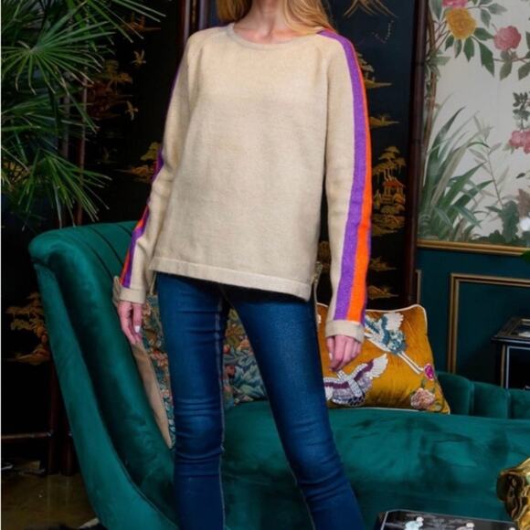 THML XS Beige Knit Sweater Colorblock Stripe Sleeves Purple Orange Crewneck - Picture 7 of 10